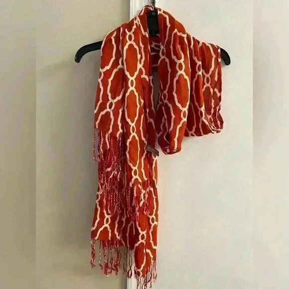 Spartina 449 pumpkin Orange Patterned Scarf with Fringe - Picture 2 of 7
